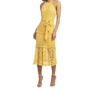 Rachel Roy Yellow Sexy Halter Lace Wedding Guest Cocktail Party‎ Midi Dress